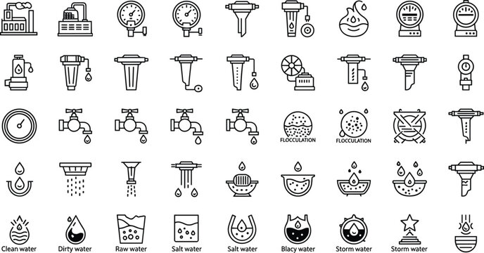 Comprehensive water treatment and plumbing icon set featuring industrial filtration taps gauges and liquid quality symbols for environmental engineering
