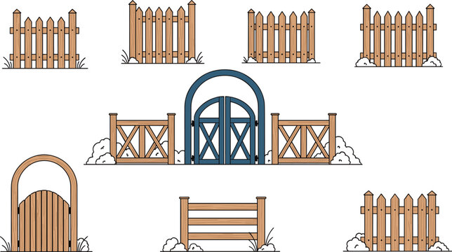 Collection of wooden garden fences and rustic gates with grass and snow elements for backyard landscaping and rural property boundary design