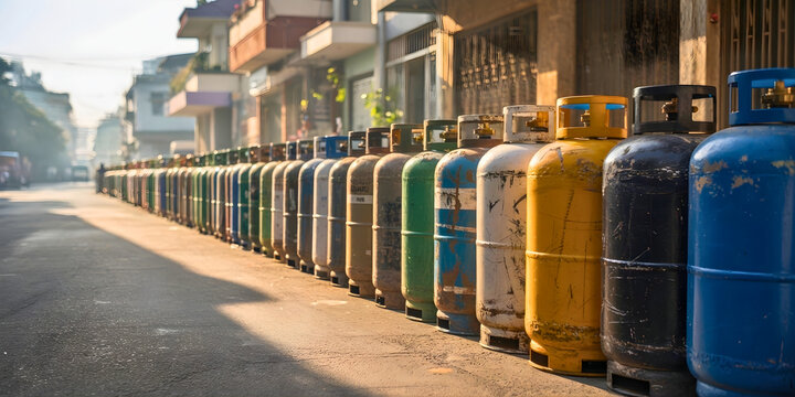 Domestic gas shortage and energy supply crisis resulting in long queues for fuel refills in urban residential neighborhoods illustrating economic hardship and resource scarcity challenges
