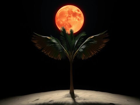 Lone palm sentinel under a fiery coral orb, wings ascend from sand,  straight on,  solitude