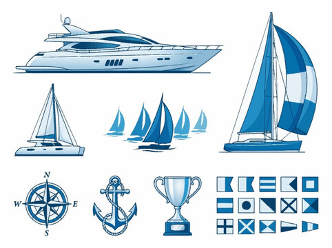 A collection of nautical illustrations including yachts, sailboats, a trophy, a compass, an anchor, and maritime signal flags.