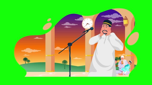 Muslim Man Performing Adhan Call to Prayer at Mosque, Islamic Worship and Spiritual Animation on Green Screen Background