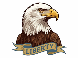Fototapeta premium A majestic bald eagle with a determined gaze, adorned with a banner proclaiming 'Liberty'.