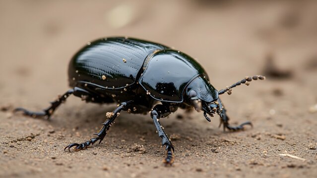 Glossy black dung beetle crawling on sandy soil