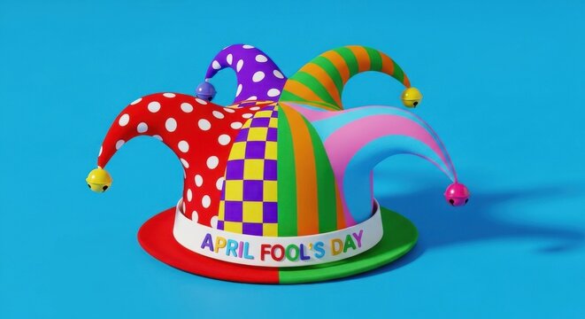 Colorful Jester Hat design Festive April Fool's Day theme Patterned Fool Cap illustration Striped Harlequin headwear art Dotted Clown Hat graphic Multi-colored Holiday Wallpaper Background image