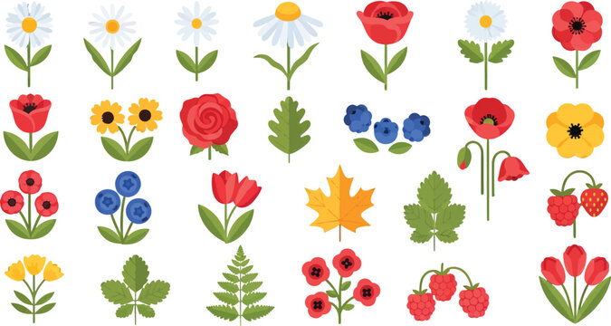Flat Design Flower and Berry Icons Set. Simple Botanical Elements Vector Illustration Collection.