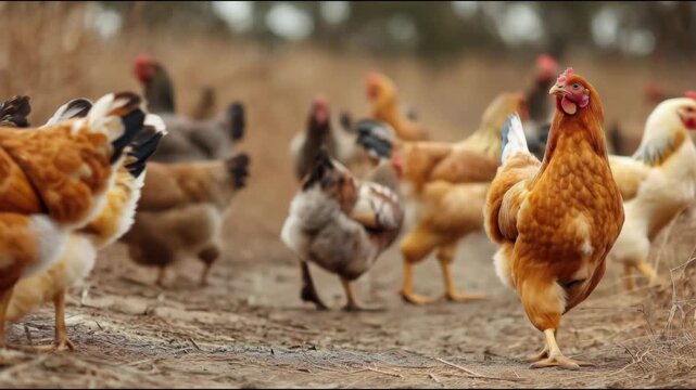 Group of hens moving freely in a rural farmyard, embodying organic poultry farming concepts