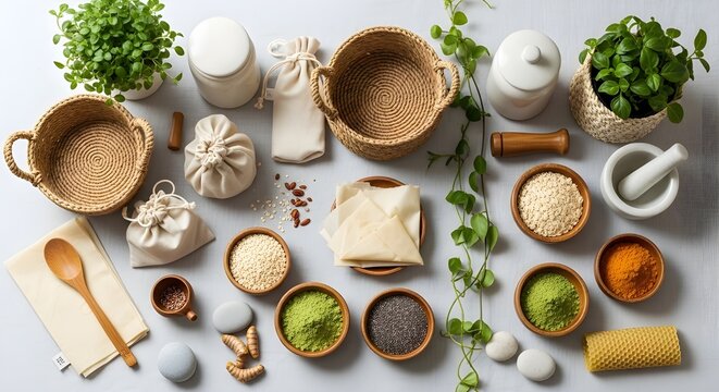 Flat lay of compostable containers and eco kitchen items