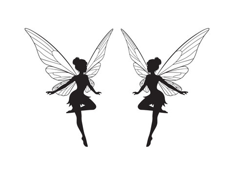 Two fairies silhouette with wings silhouette illustration creature tinkerbell graceful