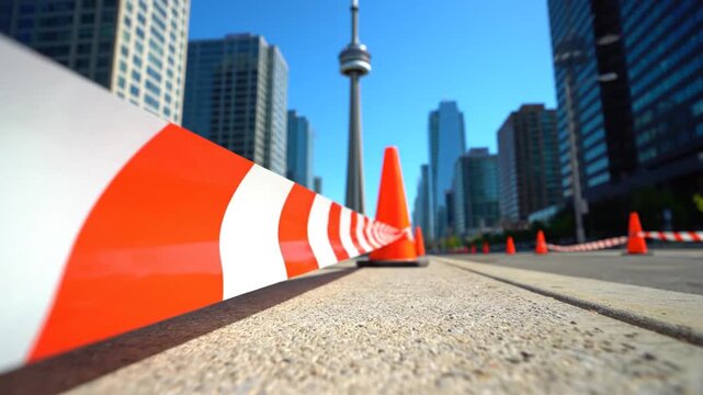 Road construction underway near iconic tower in city downtown area with barriers