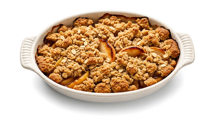Obraz premium Apple crumble in ceramic baking dish isolated on white background with crispy topping