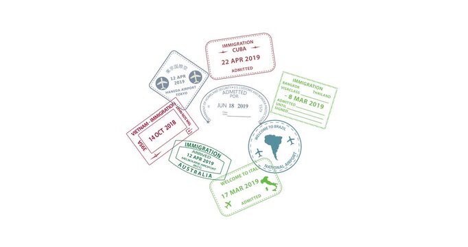 Travel stamps on white background show dates and destinations. Green stamp says Welcome to Brazil. Red stamp says Entrance to Cuba.