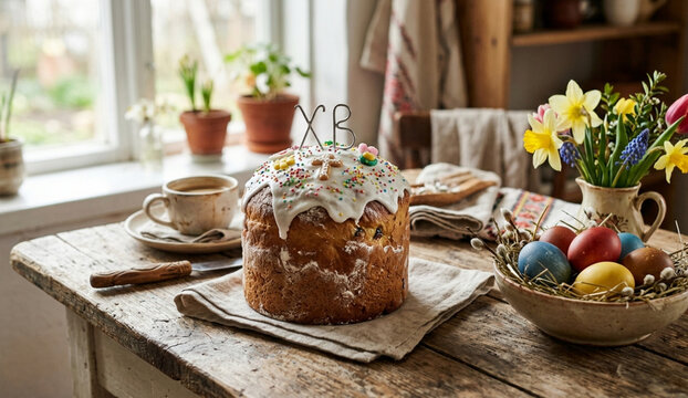 Traditional Paska Easter cake with sugar glaze, colorful sprinkles, and XB topper on a rustic wooden table with dyed eggs, coffee, and spring flowers in a sunlit cozy kitchen inter