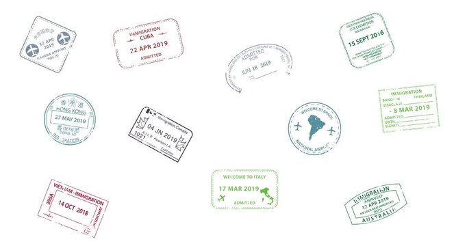 Various travel stamps float gently in motion. Each stamp shows arrival dates and locations. Stamps include Melbourne, Istanbul, and other global destinations. Perfect for travel, tourism