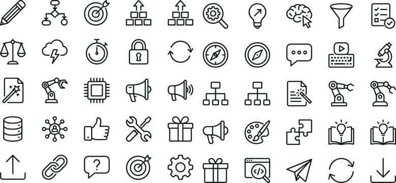 Workflow automation outline icon set for analytics dashboards applications interfaces productivity robotics integration and smart digital technology systems