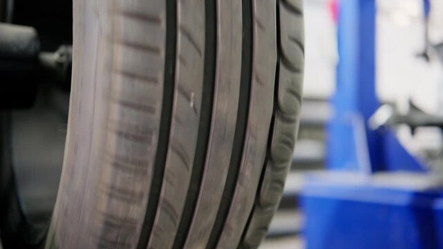 Close-up of a spinning car tire on a wheel balancing machine at a service station, showing the equipment used for maintenance and repair of automobile wheels in a professional workshop