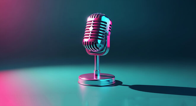 Vintage microphone on stand with colorful neon lighting effects