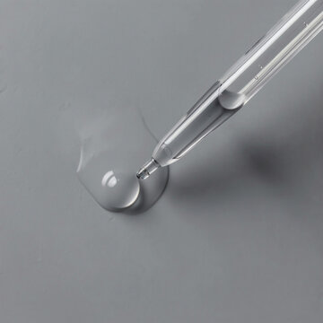 Top-down view of a glass pipette filled with subtle gray liquid, droplet forming at the tip, matte gray background, soft shadows, high-end cosmetic branding style