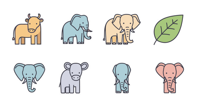 Colorful cartoon elephant illustrations in various poses.