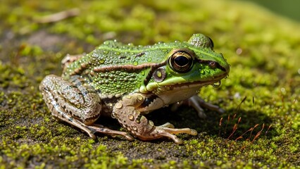 Obraz premium Green frog sitting on mossy rock in nature on sunny day close up view