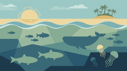 Ocean wildlife with whale, fish, and jellyfish near tropical island sunset. © Artify