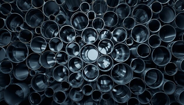 Abstract pattern of metallic steel pipes arranged in circular composition, industrial material background