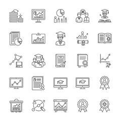 Fototapeta premium Collection of line icons representing data analysis, education, and business growth concepts.