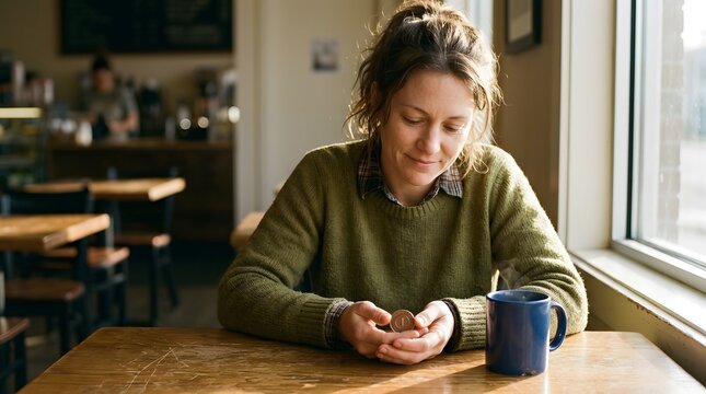 Sobriety Chip Morning Reflection Addiction Recovery Candid Stock Photo Honest Hopeful Hands Wooden Table Warm Light Documentary
