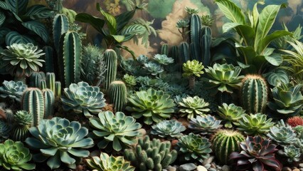 Obraz premium Lush cacti and succulents thrive in a vibrant, textured garden