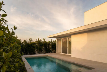 Fototapeta premium A modern house with a pool is set against a serene, golden-lit sky and foliage.