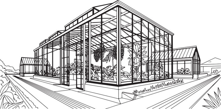 Perspective drawing of modern glass greenhouse conservatory building for botanical garden and agriculture research vector.