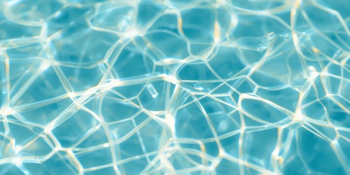 Macro turquoise pool water with glowing sunlight caustic pattern, summer 2026 fresh background, calm aqua texture for travel, spa and wellness design.