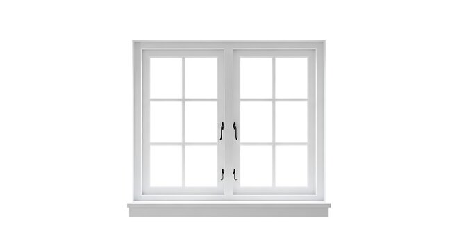 A clean, white, double-sash window with a grid pattern, set against a stark white backdrop