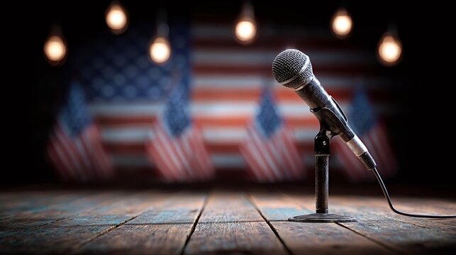Microphone on a rustic wooden stage ready for speech or performance, blurred u.S. Flag and warm lights in background creating a patriotic, vintage public speaking scene