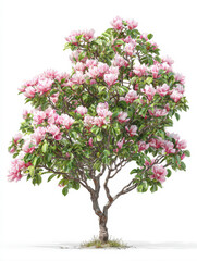 Fototapeta premium Beautiful Blooming Magnolia Tree with Vibrant Pink Flowers and Lush Green Leaves Isolated on a Pure White Background for Nature Landscape Design Projects and Botanical Illustration