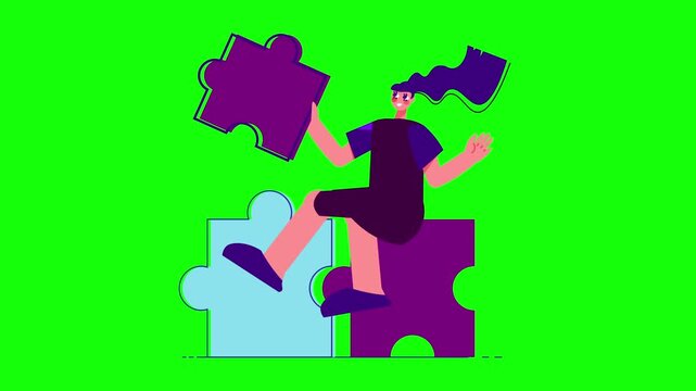 Puzzle Jigsaw Teamwork and Collaboration Concept with Problem Solving Success Achievement Business Strategy Animation on Green Screen Background