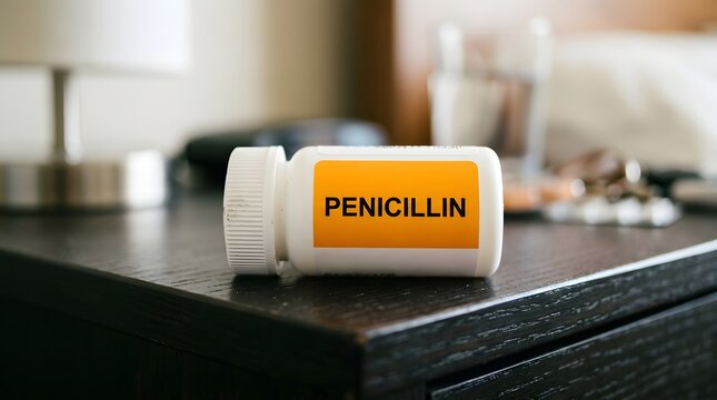 Penicillin medicine bottle on bedside table representing antibiotic treatment healthcare infection control and pharmaceutical concept