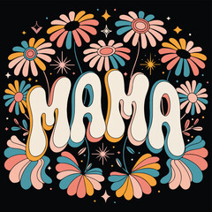 Retro Mama Typography with Colorful Floral Illustration on Black Background © Afrin