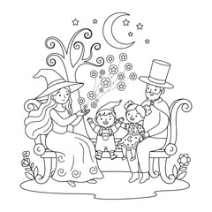 Fototapeta premium Witchcraft is being practiced by a happy family sitting on a bench in this detailed coloring page