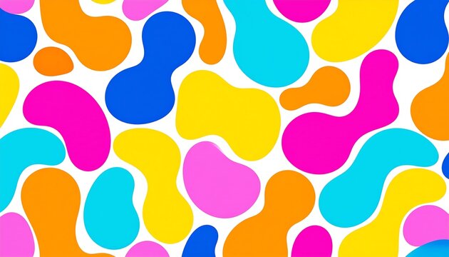 A vibrant, seamless pattern features organic, blob-like shapes in a spectrum of bold colors, against a clean white backdrop