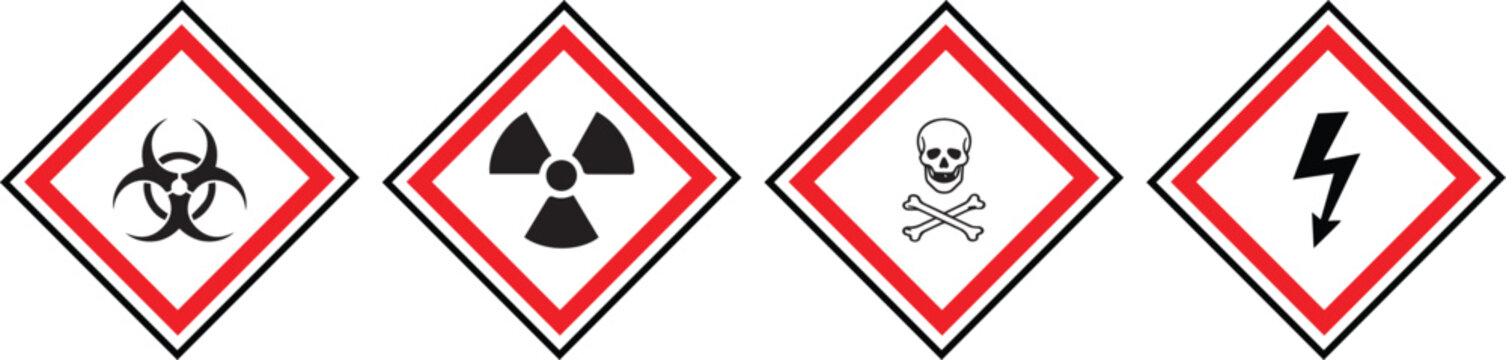 Set of four hazard warning symbols including biohazard radiation poison electrical danger with warning sign biohazard radiation crossbones electricity attention toxicity