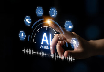 Digital AI assistant interface with task flow, voice, automation and analytics shown in intelligent...