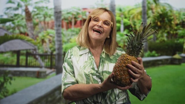 Woman holding pineapple with hands, smiling and looking at camera in forest setting, wearing leaf print shirt and glasses; tropical joy.