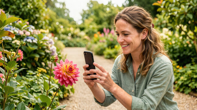 Smiling woman taking a close-up photo of a pink dahlia flower with a smartphone. Female photographing blooming flora in a garden. Nature photography and mobile technology concept