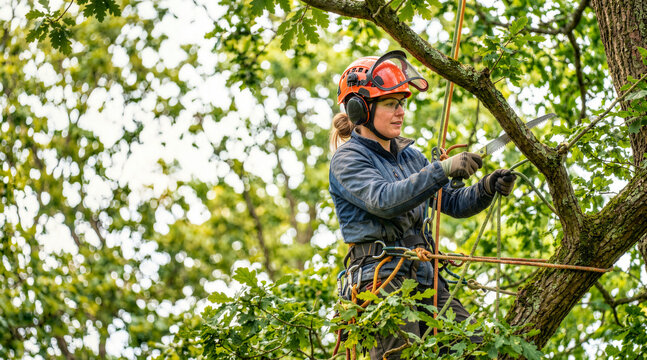 Female arborist with protective helmet cutting a tree branch. Professional tree surgeon using a handsaw while suspended in a harness