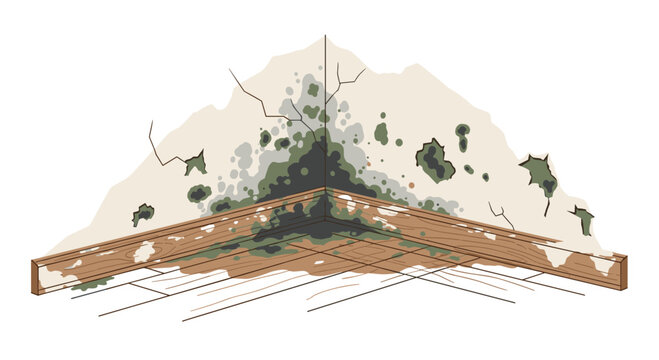 Extensive dark green and black mold patches spread across a cracked corner wall and onto the adjacent wooden floorboards in a neglected room interior.