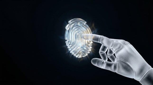 Close-up of a robotic hand touching a glowing amber biometric fingerprint scan, futuristic cybernetic aesthetic with copy space.