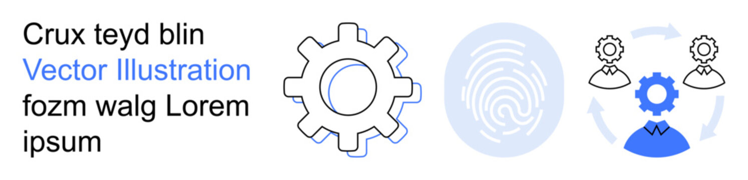 Team collaboration, software development, digital identity, technology processes, automation, business solutions. Gear icon, fingerprint symbol connected figures. Team collaboration and software