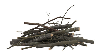 A pile of cut branches and twigs isolated on transparent background for firewood or kindling © Joynob