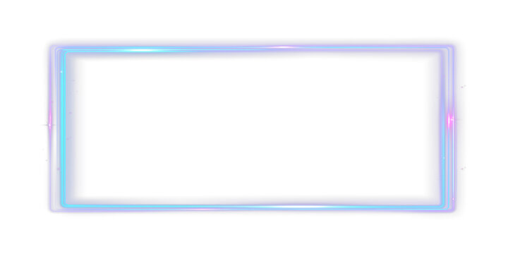 Futuristic neon rectangle frame with glowing light effect, isolated on transparent background.